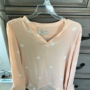LOFT Peach and White Polka Dot V-Neck Blouse